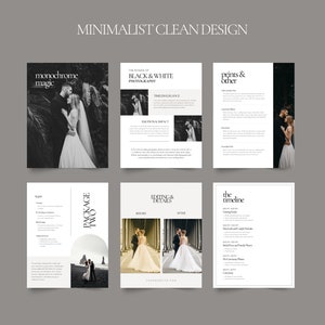 May include: A wedding photography package brochure with a minimalist design. The brochure includes information about the different packages offered, including monochrome magic, black and white photography, prints and other options, editing details, and a timeline of events. The brochure also features images of a couple in various poses.
