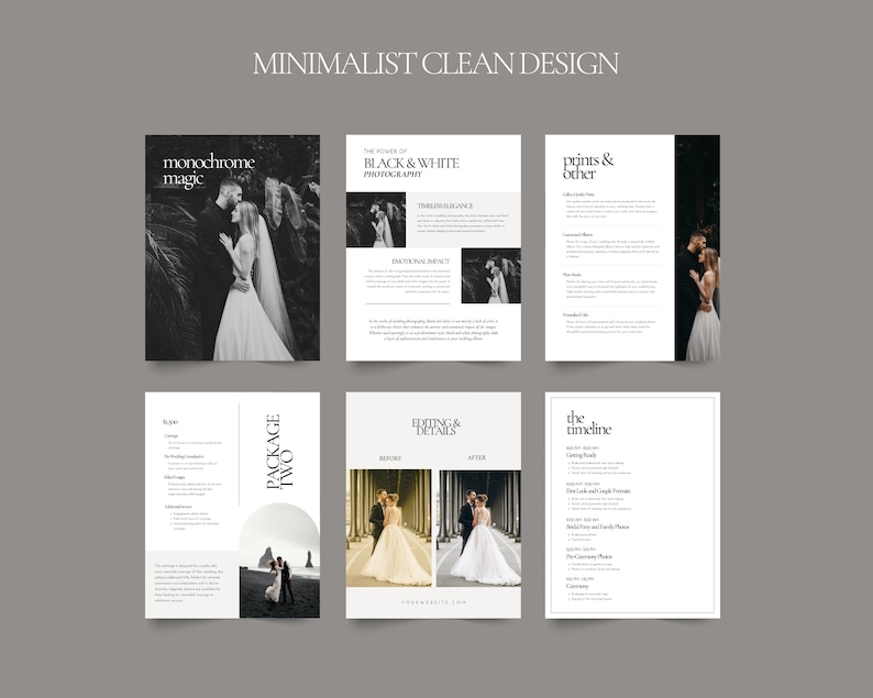 May include: A wedding photography package brochure with a minimalist design. The brochure includes information about the different packages offered, including monochrome magic, black and white photography, prints and other options, editing details, and a timeline of events. The brochure also features images of a couple in various poses.