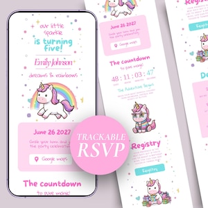 May include: A digital invitation for a child's birthday party, featuring a unicorn, rainbow, and the text "Our little sparkle is turning five!" The invitation includes RSVP details and a countdown.