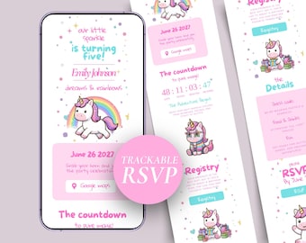 Unicorn Birthday Invitation Website Template for Canva, Rainbow Sparkle Invite with RSVP