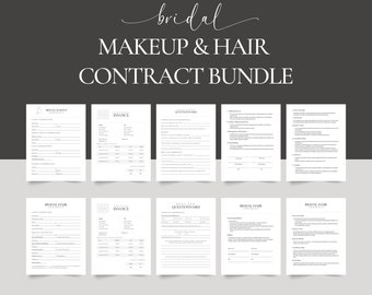 Pode incluir: Um conjunto de 10 páginas imprimíveis para um pacote de contrato de maquiagem e cabelo para noivas. As páginas incluem um contrato completo, um questionário e uma fatura. As páginas são em preto e branco com um design simples.