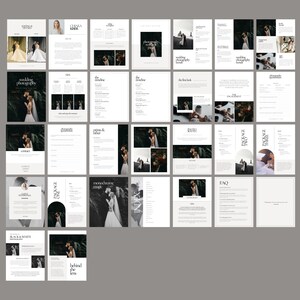May include: A wedding photography guide with a black and white minimalist design. The guide includes information about the photographer, pricing, packages, and frequently asked questions.
