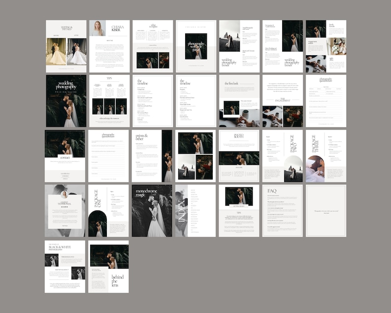 May include: A wedding photography guide with a black and white minimalist design. The guide includes information about the photographer, pricing, packages, and frequently asked questions.