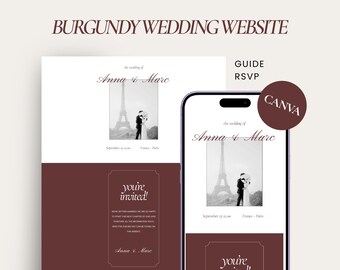 Burgundy Wedding Website Template for Canva, Maroon Invite with RSVP, Mobile-Friendly Invitation