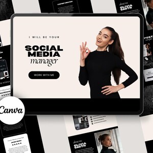 May include: A digital marketing graphic featuring a woman in a black outfit, gesturing the 'okay' sign. The text reads "I will be your SOCIAL MEDIA manager" with a "WORK WITH ME" button. Additional graphics include phone mockups and the Canva logo.