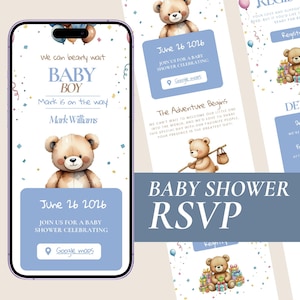 Puede incluir: Un diseño de invitación para baby shower con una ilustración de oso de peluche en acuarela. La invitación incluye el texto "Baby Boy" y "Baby Shower RSVP". El diseño es en tonos azules y presenta la fecha del 26 de junio de 2026.