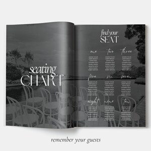 May include: A black and white seating chart with the words "find your seat" and "seating chart" in white text. The chart lists the names of guests for each table number, from one to ten.