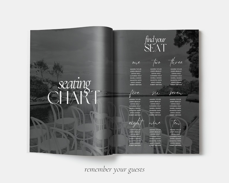 May include: A black and white seating chart with the words "find your seat" and "seating chart" in white text. The chart lists the names of guests for each table number, from one to ten.