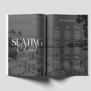 May include: A black and white seating chart with the words "FIND YOUR SEAT" and the numbers one to ten. Each number has a list of names underneath.