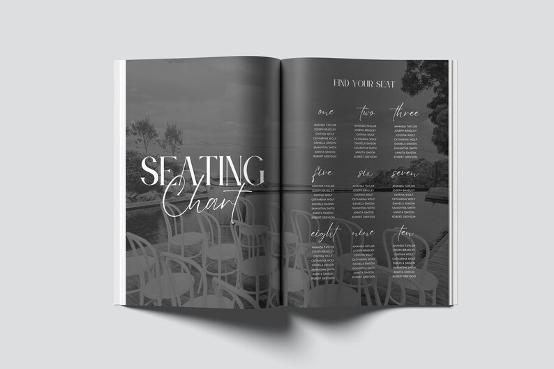 May include: A black and white seating chart with the words "FIND YOUR SEAT" and the numbers one to ten. Each number has a list of names underneath.