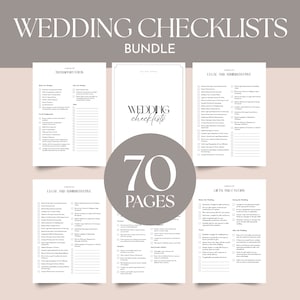 May include: A set of printable wedding checklists in black and white with a gray background. The checklists are organized into categories such as transportation, legal and administrative, gifts and favors, and more. The checklists are designed to help couples plan their wedding day.