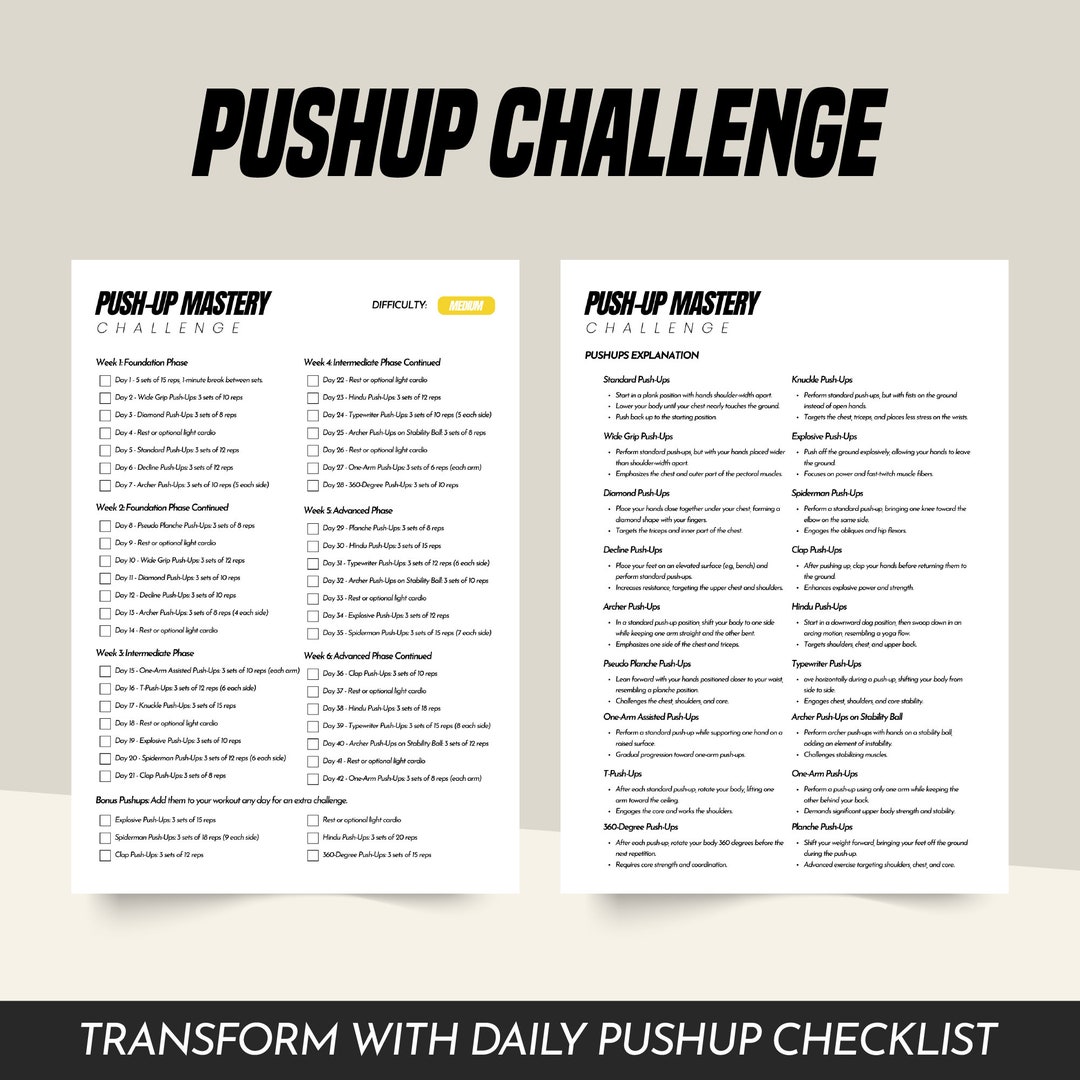 Pushup Fitness Challenge Checklist, Workout Planner and Tracker, Lose ...
