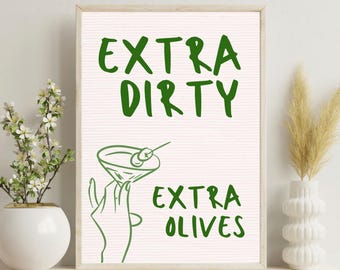 Arte mural de martini con aceitunas extra sucias y extra sucias / Impresión digital para carrito de bar / Decoración de bar moderna / Póster de bebida imprimible / Arte estético de martini