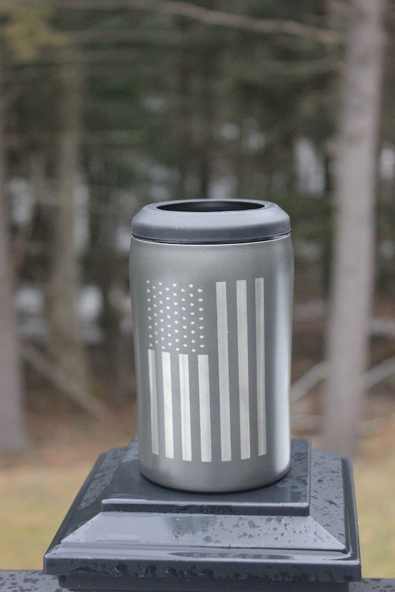 Etched US Flag Insulated Metal Koozie 3-in-1 Can Cooler Patriot