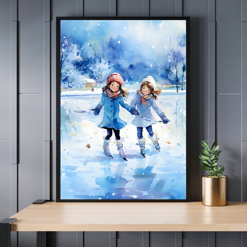 Figure Skating Wall Art Winter Painting Watercolor Art Wall Decor Ice