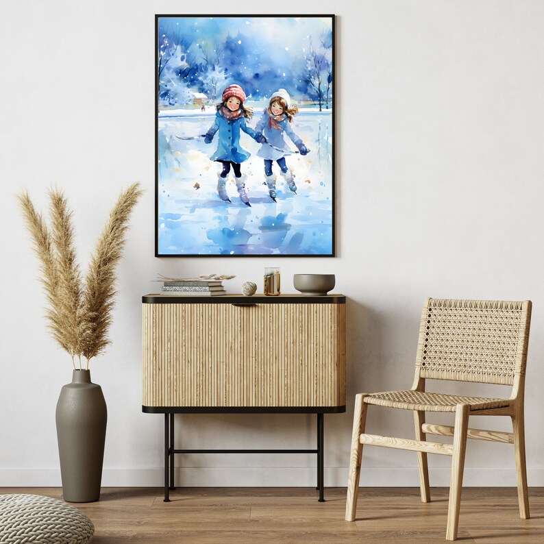 Figure Skating Wall Art Winter Painting Watercolor Art Wall Decor Ice