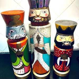 Vintage Wooden Hand Turned Three Kings Nativity  Painted Colorful Christmas Maji Set