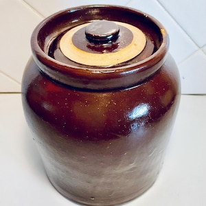 May include: A brown ceramic crock with a lid. The crock has a wide opening and a rounded body. The lid is a smaller, circular piece with a dark brown knob. The crock is likely used for food storage.
