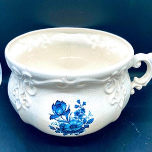 Vintage Ornate White Floral Chamber Pot  One Handled Ceramic  Decorative  Thunder Pot