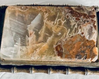 Vintage Bamboo Style Belt Buckle w/Jasper & Moss Agate Stone Inlay | Hollywood Regency | 1970s-1980s