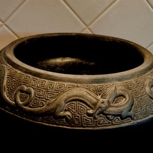 Antique Japanese Carved Pottery Ikebana Bowl