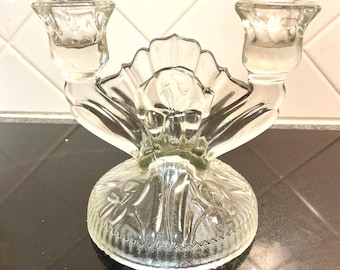 Pair of 1930s Jeannette Glass Iris & Herringbone Double Candle Holders Depression Glass