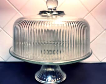 Vintage Anchor Hocking Monaco 2 in 1 Ribbed Glass Cake Plate  Dome Cover