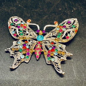 Vintage Multicolor Rhinestone Butterfly Brooch Pin