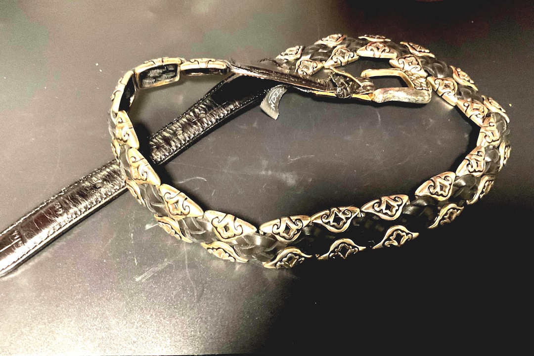 Brighton Belt Women Medium Black Braided Leather Silver Western Vintage 91803 Vintage 1990s Brighton Braided Black Leather Belt 91803  main image 4