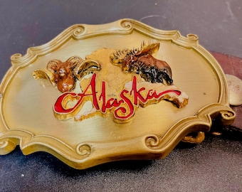 Vintage Alaskan Leather Belt  Raintree Buckle  Moose & Big Horn Sheep  Size 34