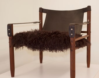 Brown Leather Safari Chair with Tibetan Shearling Cushion