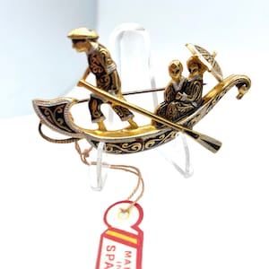 Vintage Damascene Gondola Brooch Marked “Made in Spain” with Original Tag