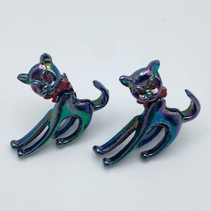 Vintage Pair of Iridescent Cat Brooches with Bobbing Heads