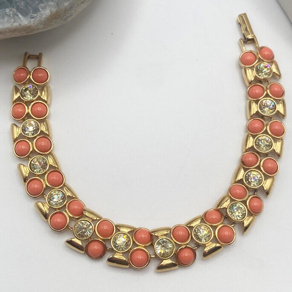 Vintage Joan Rivers Rhinestone and Faux Coral Gol… - image 1