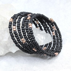 Black and Rose Gold Memory Wire Bracelet: Handmade Jewelry, Seed Bead Wrap Bracelet, Gift for Mom, Mother's Day, Bracelet for Women