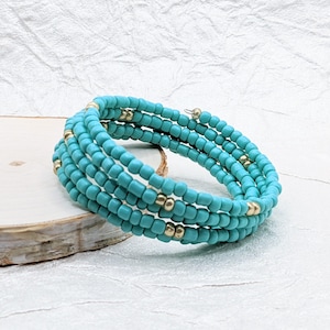 Teal and Gold Beaded Bracelet ~ Stack Wrap Stacking Bracelet ~ Handmade Jewelry