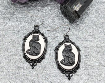 Cameo Cat Earring: Victorian Dangle Earrings, Cat Lover Jewelry, Gothic Earrings, Hypoallergenic