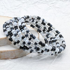 Black and White Beaded Bracelet ~ Stack Wrap Stacking Bracelet ~ Handmade Jewelry