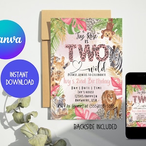 Two Wild Editable Birthday Invitation, too wild birthday, two year old birthday, 2nd Birthday Invitation, instant download, digital,boy girl