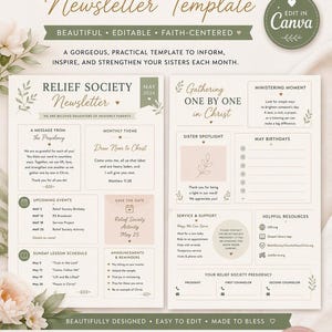 May include: A digital Relief Society newsletter template featuring two page layouts with sections for messages, monthly themes, upcoming events, birthdays, and announcements. The design includes floral accents, soft beige tones, and editable text fields.