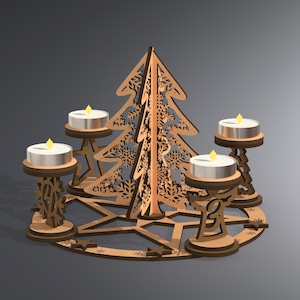 May include: A wooden Christmas tree-shaped candle holder with four candle holders. The tree has snowflake cutouts and is surrounded by a star-shaped base. Each candle holder holds a lit, silver-colored tea light.