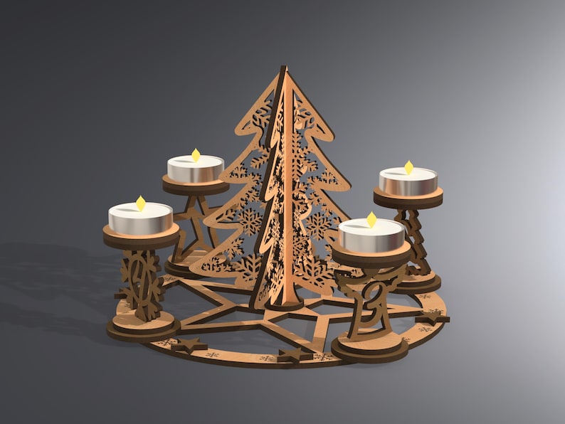 May include: A wooden Christmas tree-shaped candle holder with four candle holders. The tree has snowflake cutouts and is surrounded by a star-shaped base. Each candle holder holds a lit, silver-colored tea light.