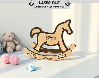 Lasergesneden bestand Schommelpaard met geboortedetails Geboortegeschenk Geboorteherinnering Decoraties 4 mm Laserbestand SVG-bestand DXF Lightburn Naam