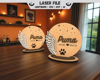 Laser Cut File Pet Memorial Laser File Cat Memory Dog SVG Lasercut Template Personalized Memorial Plaque Gift Angel Wings DXF