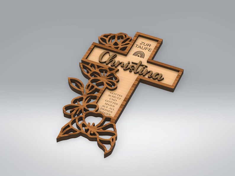 May include: Wooden cross with the name "Christina" and the words "ZUR TAUFE" and "GOTTES SCHUTZ UND GOTTES SEGEN AUF ALL DEINEN WEGEN" engraved. The cross features floral cutouts and a rainbow design. The cross is made of light brown wood.