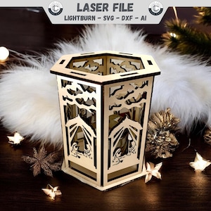 Laser File Christmas Nativity Christmas Lantern File Lantern SVG Glowforge Wood Candle Holder DXF Ai Vector Digital Download