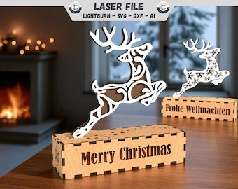 Laser file Christmas decoration reindeer LED light box Laser Cut File Merry Christmas Deco DXF Lasercut Template SVG Merry Christmas decoration
