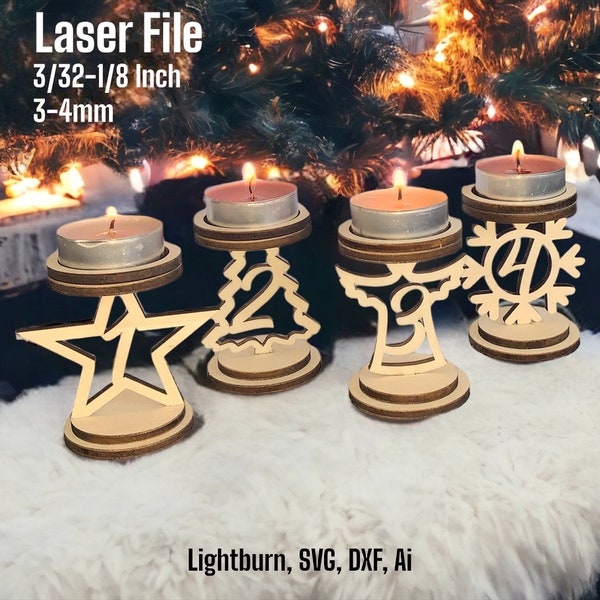 Laser File Weihnachten Adventkranz Advent reath Teelichhalter Set Datei Candle holder Christmas SVG, Glowforge Holz Kerzenhalter, DXF, Ai