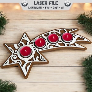 Portacandele Stella cadente File tagliato al laser Corona dell'Avvento di Natale SVG, DXF, File Ai