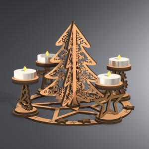 May include: Wooden Christmas tree-shaped candle holder with four white candles. The tree has snowflake cutouts and sits on a base with star and circle cutouts. The candles are on small wooden stands. The overall color is brown.